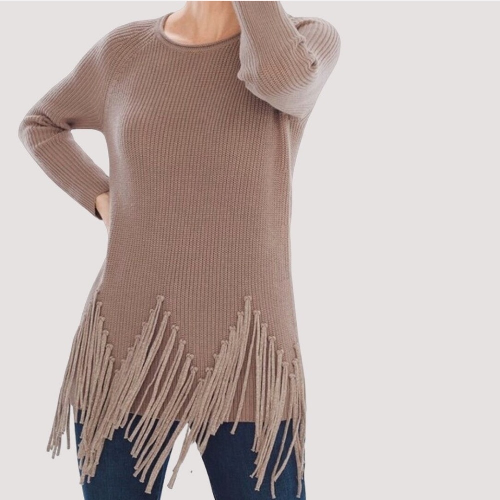 CHICO’S Drama Fringe Pull Over Sweater Taupe